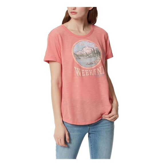 FRAYED JEANS Tops - FRAYED JEANS Womens Pink Graphic Short Sleeve Crew Neck T-Shirt M